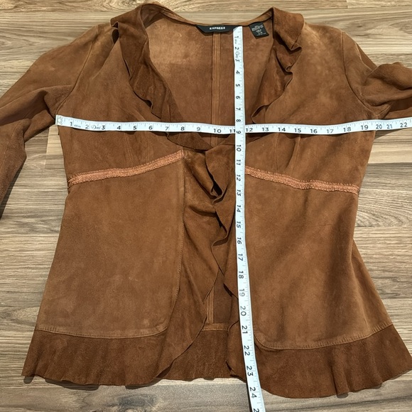 Express Genuine Suede Brown Buttery Soft Ruffles Button Up Shirt Jacket 7/8 - Picture 13 of 17